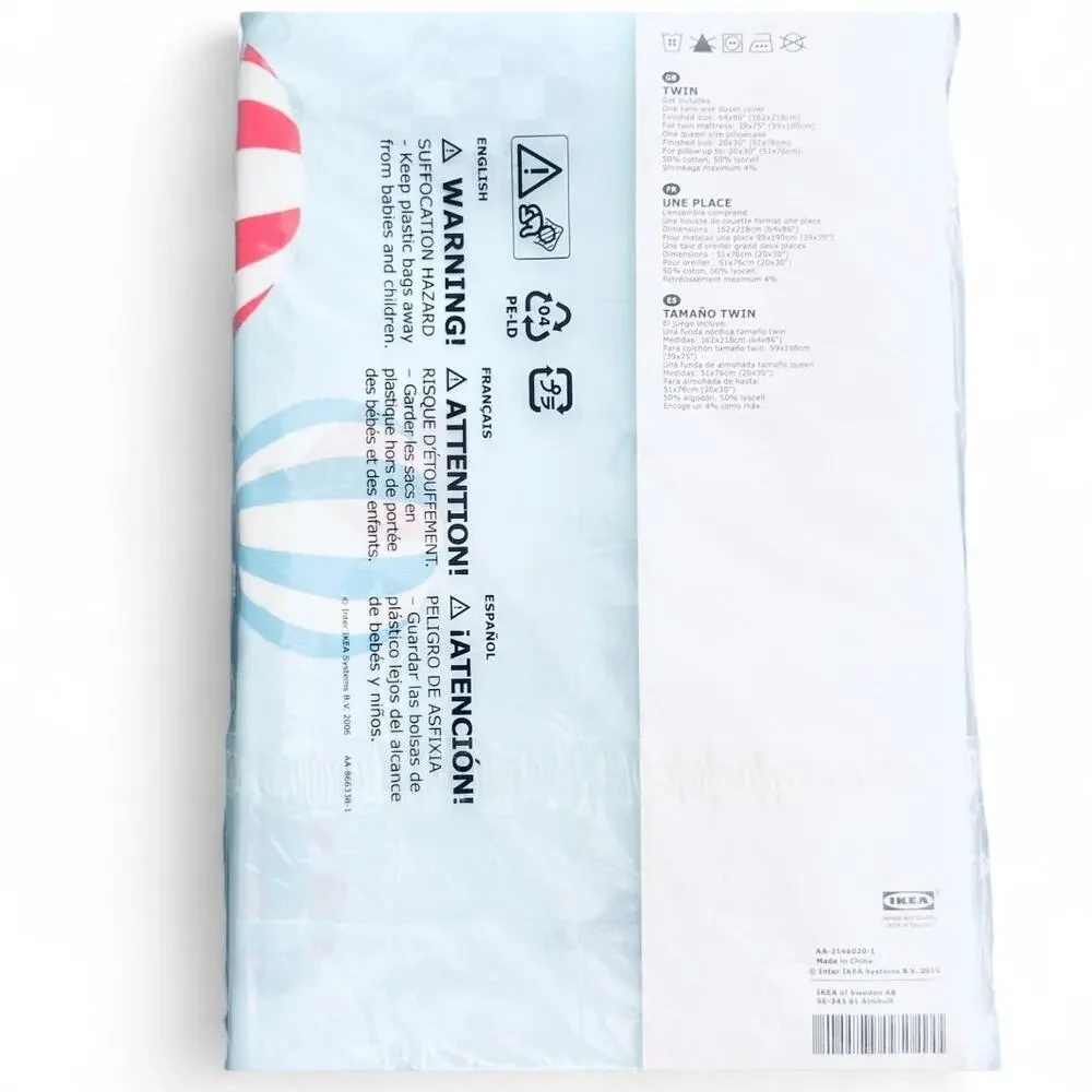 IKEA UPPTAG Twin Blue Air Balloon Pattern Duvet Cover & PIllow Case